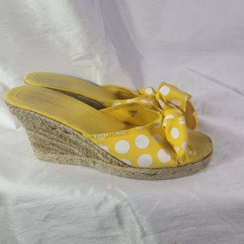 Montego Bay Club Yellow White Polka Dot Bow Wedge Espadrille Sandals
